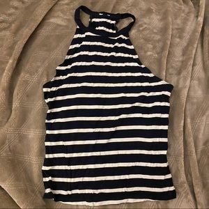 Garages Striped Halter Tank Top Navy Blue White